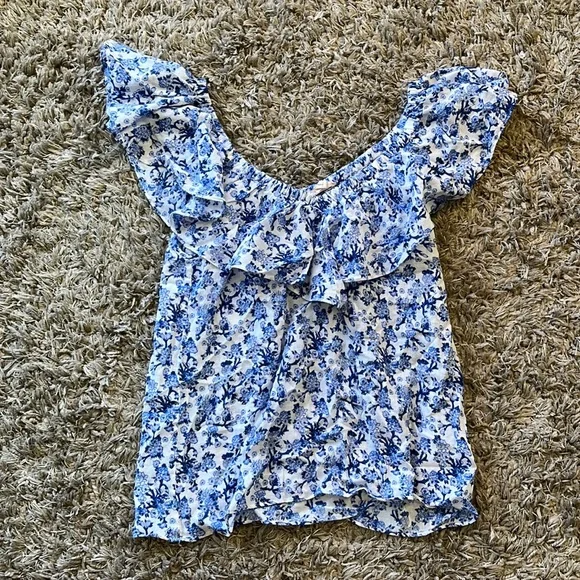 REBECCA TAYLOR Aimee Off Shoulder Blue & White Cotton Floral Top - Picture 4 of 13